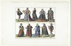 Prato duplo mostrando cinco homens e cinco mulheres vestidos de acordo com a moda inglesa, c. 1580
Fantasias Anglais (título sobre o objecto) de Anonymous