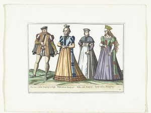 Um homem e três mulheres vestidos à moda alemã em Danzig, c. 1580 Costumes Allemands (título no objeto) de Anonymous