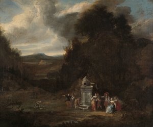 Empresa elegante em uma fonte antiga em uma clareira de Anonymous