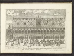 Fachada do Dogepaleis em Veneza Scènes uit het Venetiaanse leven (título da série) Hábitos masculinos e femininos venezianos com a procissão da Ser.ma Signoria E outros detalhes como triunfos, festas e cerimônias públicas da nobre cidade de Veneza de Anonymous