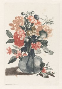 Cinco gravuras de flores em vasos de vidro Vaso de vidro com flores e um galho com flor na frente do vaso de Anonymous