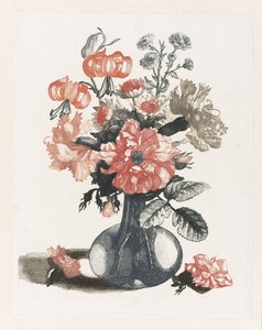 Cinco gravuras de flores em vasos de vidro Vaso de vidro com flores, ao lado do qual uma flor à esquerda e à direita de Anonymous