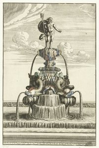 Fonte com estátua de Netuno Architectura Curiosa Nova (título da série) de Anonymous