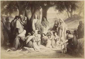 Reprodução fotográfica de (presumivelmente) uma gravura de Jesus com crianças (Deixe as crianças virem a mim) de Anonymous