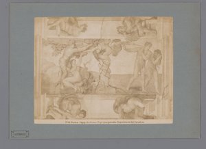 Reprodução fotográfica do afresco A Queda e Expulsão do Paraíso de Michelangelo na Capela Sistina Roma. cap. sistina. Il primo peccato. Espulsione dal Paradiso (título no objeto) de Anonymous