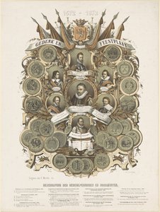 Placa comemorativa e festiva com retratos de William I, Príncipe de Orange, seus filhos Maurits e Frederik Hendrik, Príncipes de Orange, seus irmãos Lodewijk, Adolf e Hendrik, Condes de Nassau e Willem Bloys van Treslong de Anonymous
