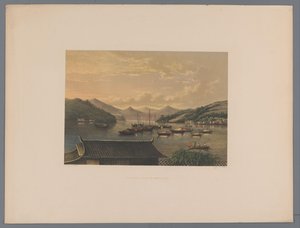 Gezicht op de baai van Nagasaki Vista na Baía de Nangasaki (título no objeto) Lembrança do Japão vistas da natureza com texto do Conde de Lijnden (título da série no objeto) de Anonymous
