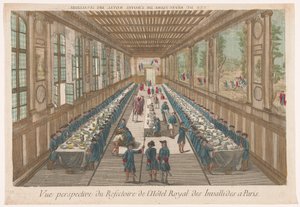 Vista da sala de jantar do Hôtel des Invalides em Paris com um grupo almoçando Vue perspective du refectoire de l