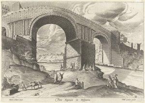 Vista de uma ponte da cidade de Segóvia
Pons Segouiae na Hispânia (título sobre o objecto)
Ruinarum varii prospectus (título da série) de Anonymous