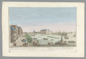 Gezicht op het Admiraliteitsmagazijn te Amsterdam Uma vista do Almirantado em Amsterdã, dos armazéns, cais e docas, pertencentes a ele e à Companhia das Índias Orientais da Holanda (título no objeto) de Anonymous