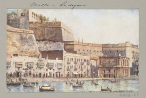Vista da costa de Malta com molhe e edifício alfandegário
Malta. Casa personalizada e local de desembarque (título sobre o objecto) de Anonymous