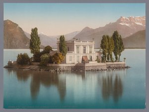 Vista da Île de Salagnon no Lago Genebra, ao fundo os Dents du Midi lac Léman, Ile de Salagnon et la Dent du Midi (título no objeto) de Anonymous