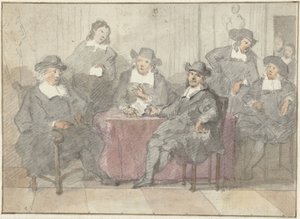 Retrato de grupo de seis cavalheiros sentados e em pé ao redor de uma mesa de Anonymous