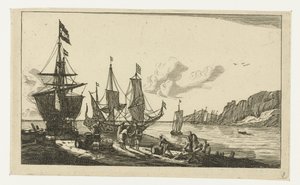 Porto com veleiros e marinheiros no cais de Anonymous