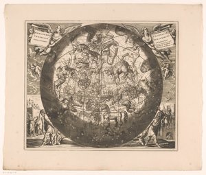Mapa do céu com as constelações do norte Haemisphaerium stellatum boreale cum subiecto haemisphaerio terrestri (título no objeto) de Anonymous