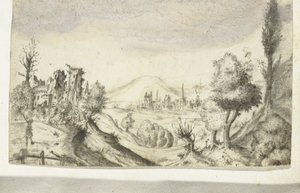 Paisagem montanhosa com caçador e ruína de Anonymous