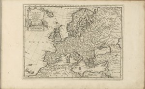 Kaart van Europa Europa de acordo com as novas observações dos senhores [ieu]rs da Royal Academy of Sciences, etc. Augmented New (título no objeto) As Índias Orientais e Ocidentais e Outros Lugares (título da série) de Anonymous