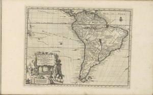 Kaart van Zuid-Amerika América do Sul, de acordo com as novas observações dos Srs[ieu]rs da Royal Academy of Sciences etc. Aumentado novamente (título no objeto) As Índias Orientais e Ocidentais e Outros Lugares (título da série) de Anonymous