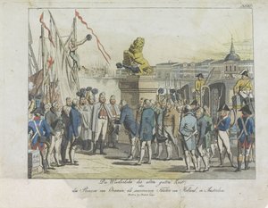 Komst van de Souverein Vorst te Amsterdam, 1813.
O Regresso dos Antigos Bons Tempos, (...) do Príncipe de Orange, como Príncipe Soberano da Holanda, em Amesterdão (título sobre o objecto) de Anonymous