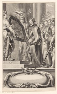 Rei é segurado em um espelho por Justiça e Fé Página de título para: Petrus Belluga e Camillo Borello, Speculum principum, 1655 de Anonymous