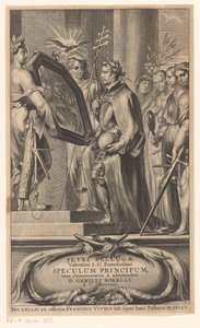 Rei é segurado em um espelho por Justiça e Fé Página de título para: Petrus Belluga e Camillo Borello, Speculum principum, 1655 de Anonymous