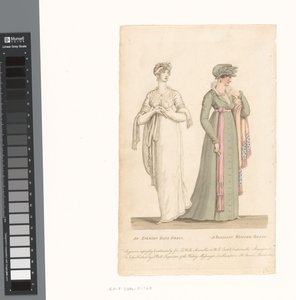 La Belle Assemblée, 1 de Março de 1807, No. 14: Um vestido de noite / Um vestido de inverno parisiense de Anonymous