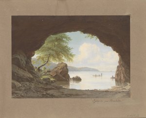 Paisagem após a pintura Fjeldgrotte paa Bornholm de G.E. Liberdade Fjeld cave paa Bornholm (título no objeto) de Anonymous
