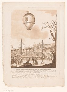 Luchtballon, Le Flezel, van Joseph-Michael Montgolfier the Elder buiten Lyon Máquina aerostática construída pelo Sr. Montgolfier, o Velho (título no objeto) de Anonymous