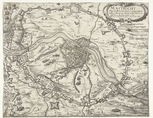 Maastricht ocupada por Frederik Hendrik, 1632 Maestricht sitiada por Friderich Henrich Printzen von Orangien (...) em 9 de junho de 1632. Tirada com Accort em 12 de agosto de 1632 (título no objeto) de Anonymous