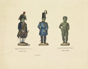 Manneken Pis em trajes diferentes, 1817 Manneken-Pis. Grande roupa. Manneken-Pis. Roupa petite (título no objeto) de Anonymous