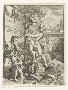 Minerva atropela monstro marinho cuspidor de fogo Novo dicionário de baixo alemão e francês (título no objeto) Página de rosto para: François Halma, Dicionário de Línguas Holandesas e Francesas, 1710 de Anonymous