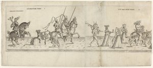 Procissão com personagens fantasiadas, incluindo o cavaleiro Bernhart von Ahren, um burro com cuspo, Janus, Baco num burro e dois músicos
Die neunde Part I e II (título sobre o objecto)
Procissão festiva com Agosto, Eleitor da Saxónia, vestido de camponê de Anonymous
