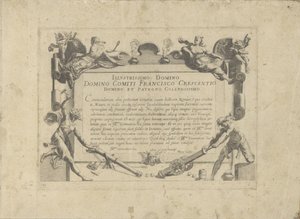 Cartucho ornamental com dedicação ao pintor Francesco Crescenzi
Equile, in quo omnis generis generosissi: morum equorum ex varijs orbis partibus insignis delectus (...) (título da série sobre o objecto) de Anonymous