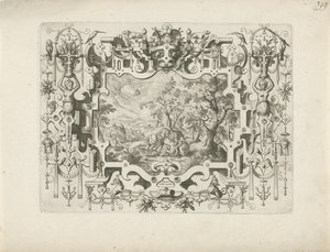 Quadro de ornamento com arabescos e figuras, em que paisagem com o Bom Samaritano de Anonymous