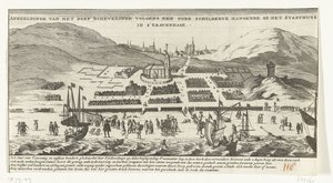 Inundações em Scheveningen no Dia de Todos os Santos, 1 de novembro de 1570 Imagem da aldeia de Schevelinge de acordo com uma pintura antiga pendurada nos Stadthuys em Haia (título no objeto) de Anonymous