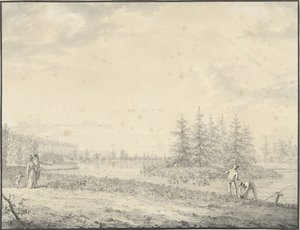 Paisagem do parque com caminhantes e pescadores de Anonymous