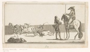 Picador e matador depois de matar o touro
Coleccion de las principales suertes de una corrida de toros (título da série sobre o objecto)
Colecção das manobras mais importantes na tourada (título da série) de Anonymous