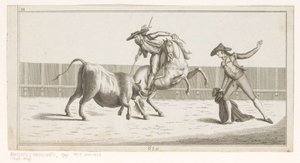 Picador empurra a sua lança para dentro de um touro
Coleccion de las principales suertes de una corrida de toros (título da série sobre o objecto)
Colecção das manobras mais importantes na tourada (título da série) de Anonymous