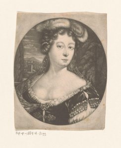 Retrato de uma mulher desconhecida com penas e pérolas no seu cabelo e vestido com pedras preciosas de Anonymous