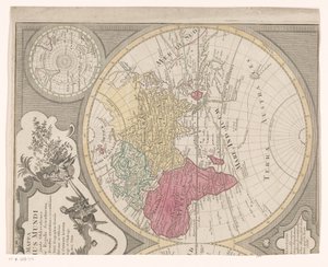 Metade direita de um mapa-múndi, mostrando o Hemisfério Oriental Mappa totius mundi : adornata juxtaobserves (...) (título no objeto) de Anonymous