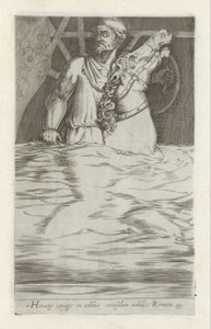 Reliëf van Horatius Cocles te paard die de Pont Sublicus in het water veridrt A imagem de Horácio na casa de um nobre romano (título no objeto) Esculturas antigas em Roma (título da série) Das estátuas antigas da cidade de Roma que são vistas em lugares pú de Anonymous