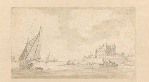 Paisagem fluvial com castelo (Loevestein?) de Anonymous