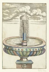 Bacia redonda sobre pedestal com cabeça de leão Architectura Curiosa Nova (título da série) de Anonymous