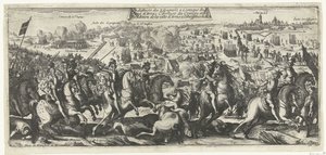 Ruiter Gevecht em Arras, 1640 A Derrota dos Espanhóis no Ataque ao Cerco de Arras A Chegada do Comboio e a Rendição da Cidade de Arras à Obediência do Rei (título no objeto) de Anonymous