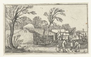 Patinadores e jogadores de garrafa no gelo para fazendas Paisagens após Esaias van de Velde (título da série) de Anonymous