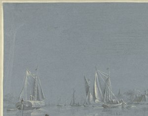 Barcaças sobre a água, um barco a remos em primeiro plano de Anonymous