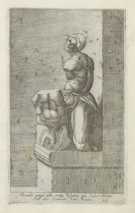 Escultura de Pasquino Um soldado de Alexandre, o Grande, comumente conhecido como Pasquinus, segurando Phocius (...) (título no objeto) Esculturas antigas em Roma (título da série) Ícones das antigas estátuas da cidade de Roma que são vistas em locais públ de Anonymous