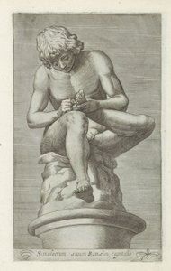 Escultura de um rapaz com um espinho no pé
Spinario
Simulacrum aeneum Romae in capitolo (título sobre o objecto)
Esculturas antigas em Roma (título da série)
Antiquarum statuarum urbis Romae quae in publicis locis visuntur icones (título da série) de Anonymous