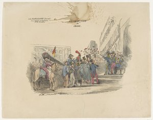 Cartoon representando a distribuição de cruzes honorárias belgas, 1834 Distribution de Croix (título no objeto) de Anonymous