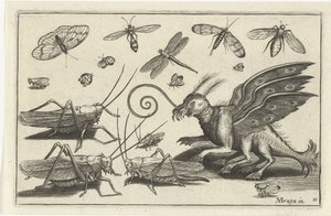 Gafanhotos e criaturas de fantasia com asas e barbatanas
Aves e insectos (título da série) de Anonymous